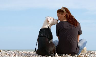 beautiful woman sitting with dog looking each other